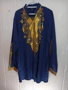 Luc Matton Mens XL African DASHIKI Tunic Shirt Tribal Blue Gold Long Sleeve NWT - Picture 1 of 6