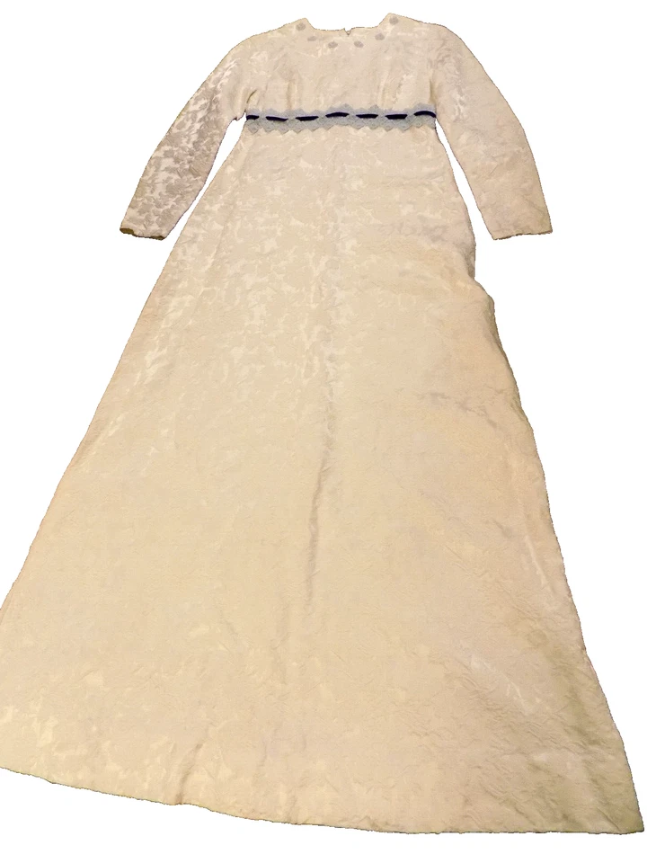 Vtg 50s 60s Boho Hippie Gown Wedding Dress Damask Floral Ivory Blue Lace Rosette - Image 1 of 4