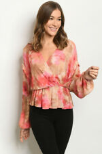 Rose Pink Tie Dye Peplum Top Size Small V Neck Blouse Long Sleeve 