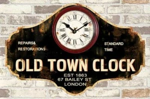 Orologio Wand Holz Schwarz Mit Geschrieben Old Town Clock Vintage - Bild 1 von 1