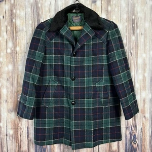 Abrigo largo de lana Pendleton vintage para hombre botón de madera cuello de piel a cuadros lana pesada Lg - Imagen 1 de 19