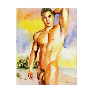 DRUCK Original Kunstwerk Aquarell Gemälde Gay Male Nude "On the beach 10" - Bild 1 von 13