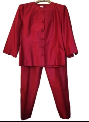 Винтажный Talbots 100% шелк 2 изделия костюм комплект красный 3/4 рукав куртка брюки размер 10/14 - Изображение 1 из 4