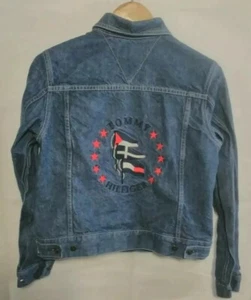 Vintage Tommy Hilfiger Jean Jacket Size Juniors L Embroidered Tommy Flags Stars - Picture 1 of 7