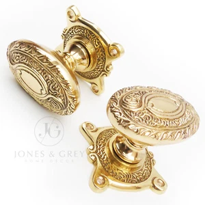 Vintage Georgian Period Style Ornate Oval Solid Brass Door Knobs Handles Pair - Picture 1 of 1