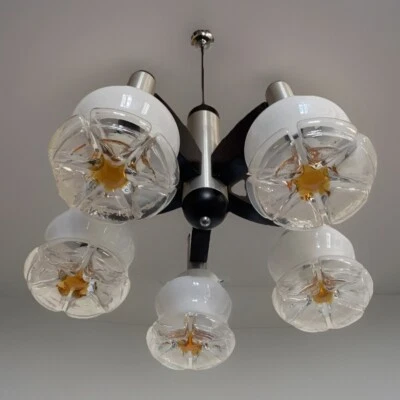 Lustre Suspension 5 Feux Space Age Italie 70 Bois Et Globes Verre De Murano - Photo 1/4