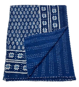 Blue Indigo Print Kantha Bedspread Indian Handmade Quilt Throw Cotton Blanket - Picture 1 of 4