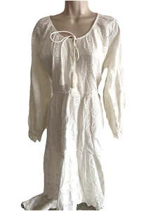 NEW Tolani India Dress cotton White Eyelet boat scoop neck midi long Puff Slv M - Picture 1 of 11