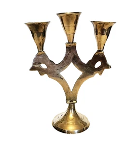 Vintage Brass 3 Arm Candelabra Footed Base Candle Holder w/ Patina made in India - Picture 1 of 5