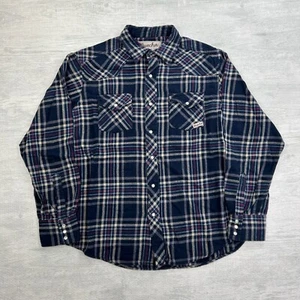 Vintage Wrangler Flannel Shirt Mens L Blue Plaid Wrancher Pearl Snap Western - Picture 1 of 6