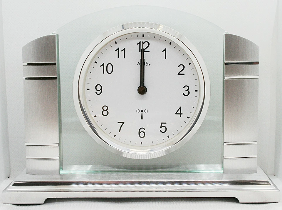 ✅ AMS 5142 Tischuhr Funk silbern Metall gebürstet mit Glas Funktischuhr ✅ - Bild 1 von 1
