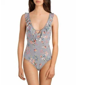 Gibson Latimer One Piece Swimsuit Navy and White Stripes With Floral Pattern XS - Picture 1 of 8