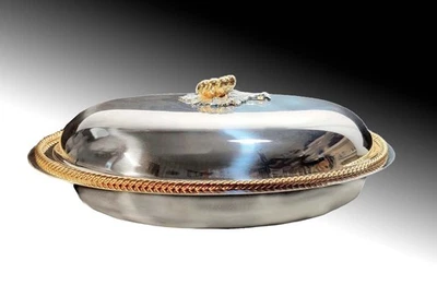 Bandeja de servicio italiana grande plateada: borde trenzado dorado, acento floral (18") Foto 1 de 4