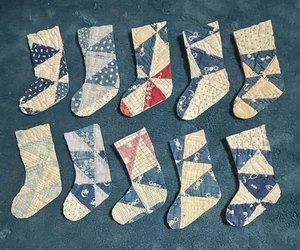 10 PRIMITIVE ANTIQUE CUTTER QUILT STOCKINGS! BLUES RED WHITE, ETC., OCEAN WAVES - Picture 1 of 1