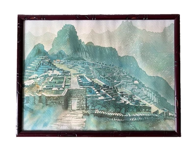 Pintura acuarela vintage Machu Picchu Andes Montañas Perú marco de bellas artes Foto 1 de 4