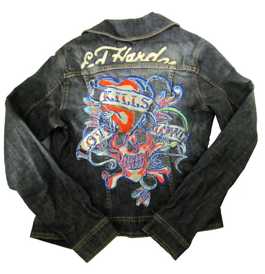 vtg ED HARDY jean jacket LOVE KILLS SLOWLY Christian Audigier Womens S small - Image 1 of 4
