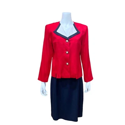 Conjunto Traje Falda Petite Perceptions Talla 12 Vintage Rojo Negro Blanco Perla Botones Foto 1 de 4