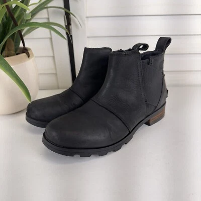 Sorel Negro Emelie Chelsea Botín Cuero Nubuck Tacón Bloque Botas Sin Cordones Talla 6 Foto 1 de 4
