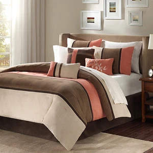 BEAUTIFUL BROWN CORAL TAUPE LEAF BEIGE MODERN 7PC COMFORTER SET QUEEN KING & CAL - Picture 1 of 3