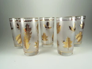 Vintage Set of 5 MCM Libbey 5.5" Highball Gold Leaf Glasses/ Tumblers Barware - Picture 1 of 11