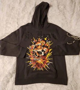 Authentic Ed Hardy Exploding Skull Charcoal Pullover Hoodie - Tattoo - Size L - Picture 1 of 4