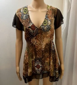 JULIE'S CLOSET EUC Women's 2X Brown V-Neck Sparkly Blouse Top w/Handkerchief Hem - Picture 1 of 9