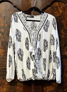 ZANZEA Shirt Women Sz 4XL Long Sleeve White W/Black Boho Tassel Tie Top Blouse - Picture 1 of 11