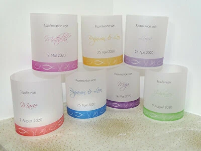 Windlichter Lichthülle Taufe Kommunion Konfirmation Firmung * indiv. Namensdruck - Bild 1 von 4