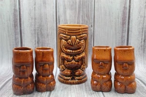 5 Vintage Tiki Leilani Brown Glazed Ceramic Tumbler & Shot & Glass Hawaiian  - Picture 1 of 6
