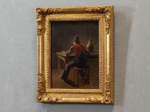 19thC Antique Dutch Oil Painting on Panel | Seated Man at Table, Facing Away - Picture 1 of 11