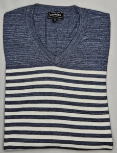 Mens Express Long Sleeve Vee Neck Striped Sweater Size Medium M/M - Picture 1 of 2