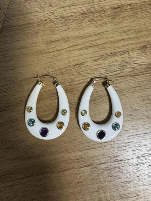 14K 585 金色泪珠环状耳环白色珐琅树脂多色宝石女式 — 第 1/4 张图片