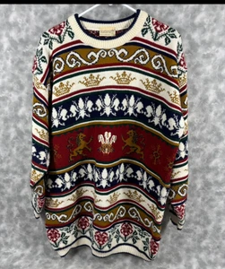 1990s Vintage Natural England Heraldic Sweater Crown Lion Baroque Knit L Bold - Bild 1 von 9