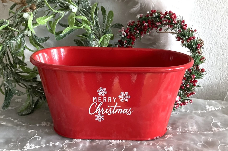 Übertopf Blumenkübel Schale Jardiniere MERRY CHRISTMAS, oval Rot, Weihnachten - Bild 1 von 1