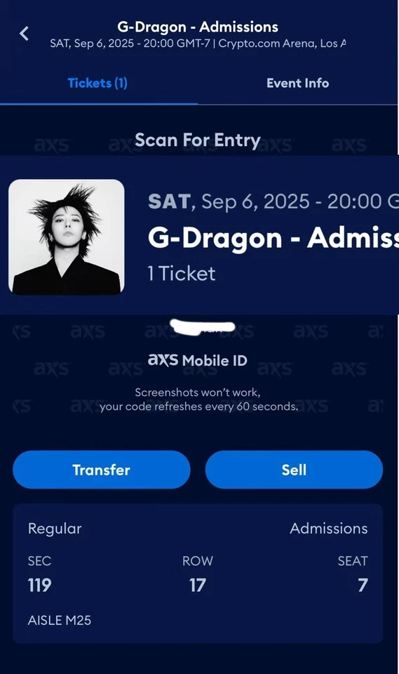 G-dragon Ticket In Newark (9/06 Saturday) sec 119 row 17 seat 7 - Image 1 of 2