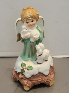 Music box natalizio vintage Lefton angelo biondo ragazza su agnelli nuvola - Foto 1 di 10