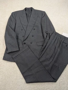 Suit Mens 44L 34x32 Gray Wool 2 Piece Jacket Pants Double Breasted Vintage Poly - Picture 1 of 20