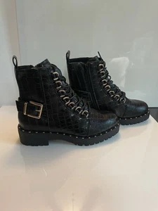 Women’s Size 7 W Black Croc Lace-Up Aubrey Boots with Gold Buckle (ASOS) - Picture 1 of 6