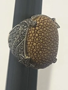 Chunky Sterling Silver Stingray Marcasite 17.5g Ring 925 Size 8 Rare Leather - Picture 1 of 5