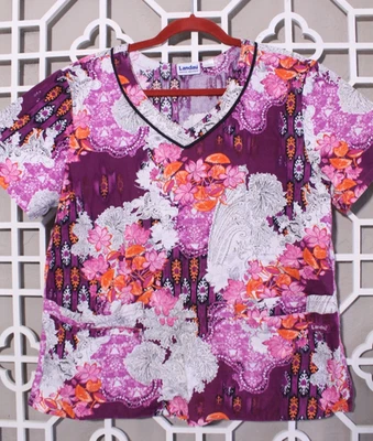Landau Scrubs Top Purple White Floral Medical Nurse Womens L Colorful - Imagem 1 de 4