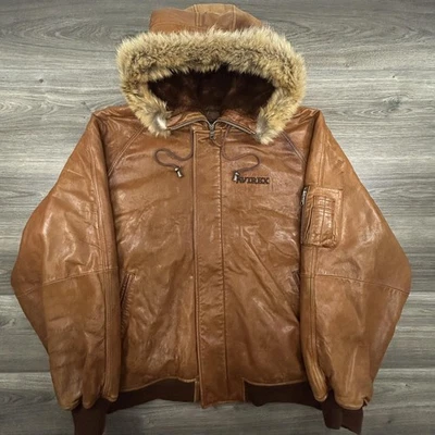 Vintage Avirex Leather Bomber Jacket Mens 4XL Hooded Faux Fur Flight Coat 90s - Image 1 of 4