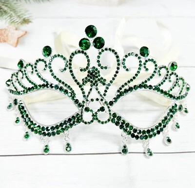 Crystal Masquerade Mask, Mardi Gras Mask, Green Teardrop Mask, Silver Party Mask - Image 1 of 4