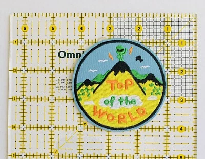 Top Of The World Iron On Patch Alien On The Mountain Embroidered - Image 1 of 2