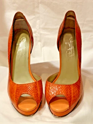 Zapatos de salón peep-toe de piel de serpiente de cuero naranja caliente y ardiente talla 6 Foto 1 de 4