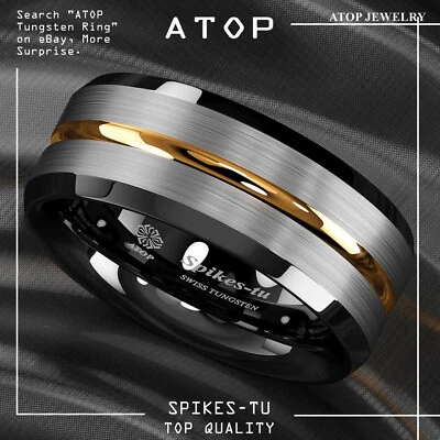8/6mm Silver Brushed Black Edge Tungsten Ring Plated Metal ATOP Men Wedding Band - Image 1 of 4