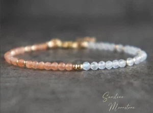 "Pulsera de 2 cuentas de piedras preciosas múltiples redondas de piedra solar y piedra lunar natural 6-8" - Imagen 1 de 9