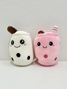 Boba Bubble Tea Milk Peluche 9” Blanco y Rosa Fresa Set Peluche Almohada Nuevo - Imagen 1 de 8