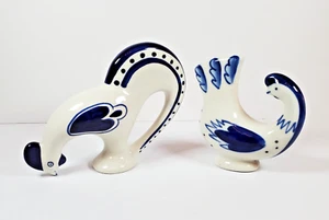 VTG Gzel Porcelain Rooster & Hen Figurines Cobalt Blue & White Hand Painted - Picture 1 of 14