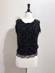 Blusa de seda de lana de ganchillo mediana top negra con cuentas de lentejuelas de los años 50 vintage de los años 50 - Imagen 1 de 11
