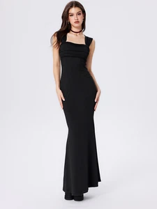 Woman Square Neck Bodycon Evening Dress Black Banquet Maxi Club Party Dress - Picture 1 of 8